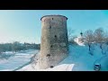 Гремячая башня и остатки Косьмодамианского монастыря. Псков. Зима. 4k