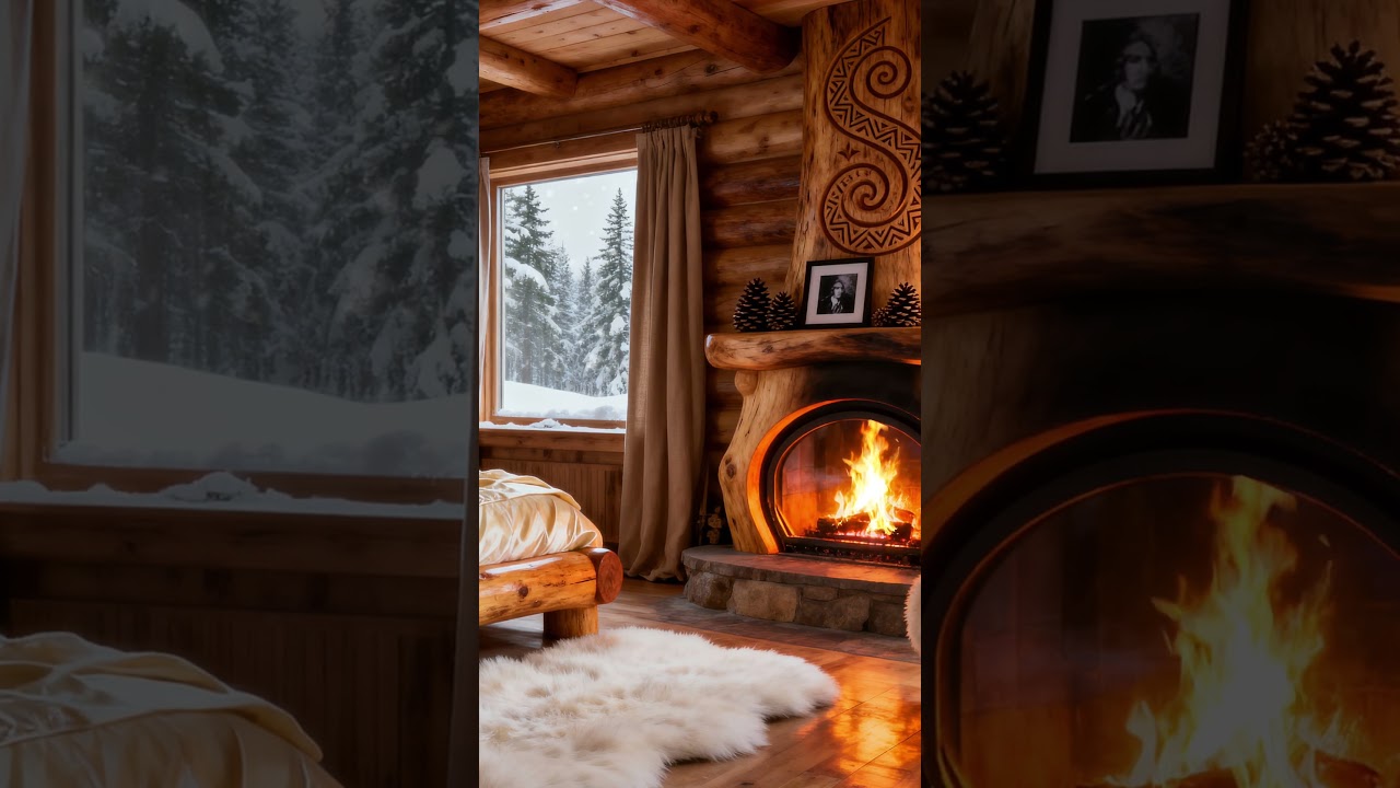 Cozy Log Cabin Bedroom | Fireplace & Winter Night Sleep Ambience 🕯️❄️