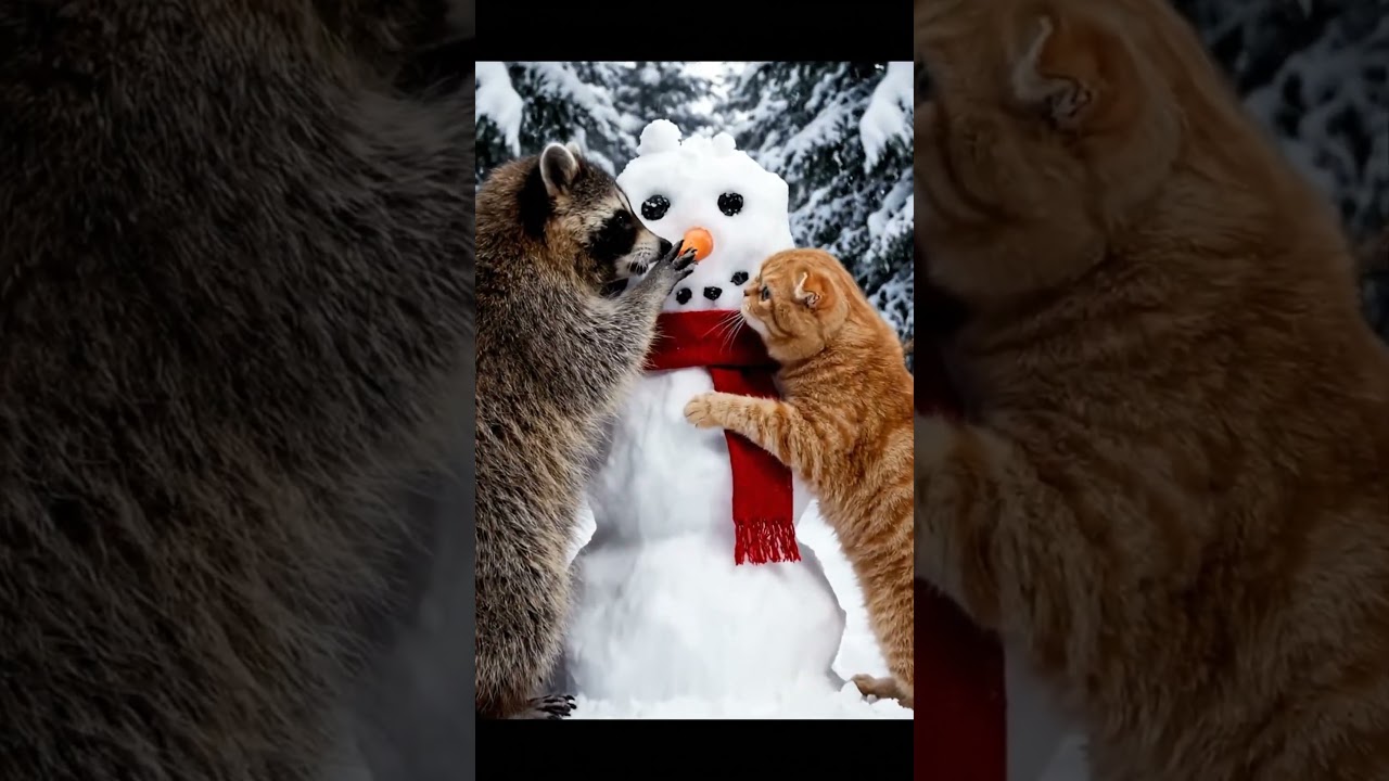 Raccoon and Scottish fold destroying a snowman  