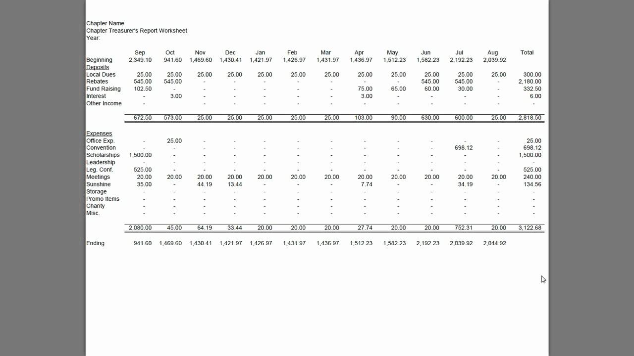 treasurer report excel template