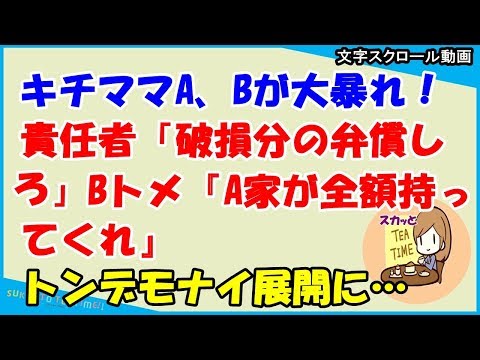 【スカッとする話 キチママ】キチママA、Bが大暴れ！責任者「破損分の弁償しろ」Bトメ『A家が全額持ってくれ』→トンデモナイ展開に…（スカッとティータイム）