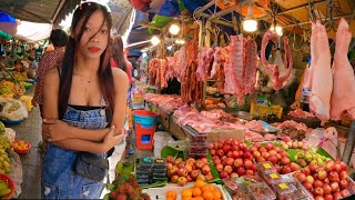 Cambodian street food - Walk Boeung Trabaek Market Yummy fresh fruit, Pork, fish, Banana & More