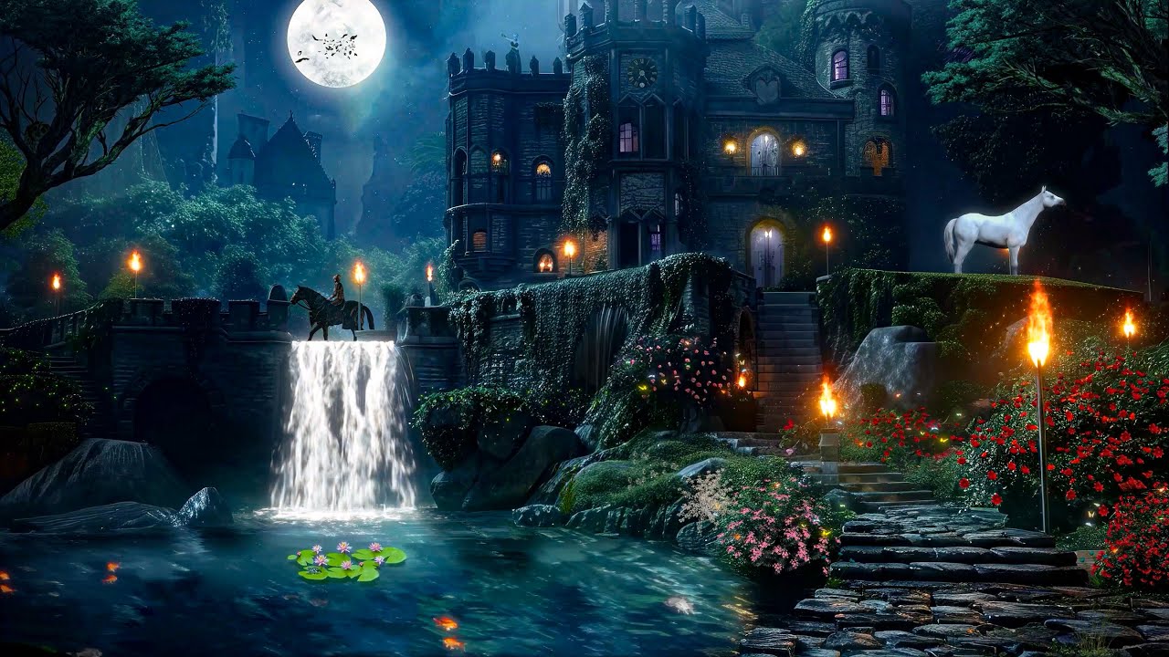 Fantasy Castle Medieval Ambience | Relaxing Water Sounds, Nature Sounds,  Crickets & White Noise