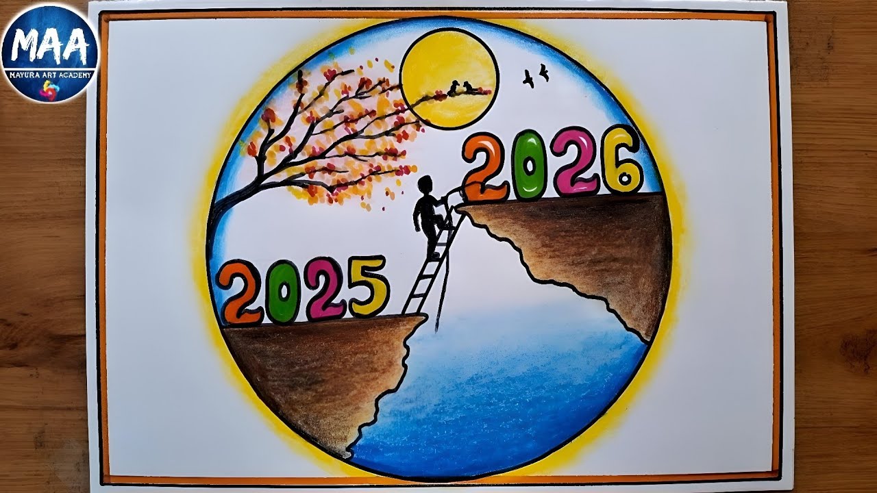 Рисунок с поздравлением с Новым годом 2026 | Рисунок к Новому году 2026 | Новогодний пейзаж 