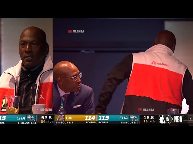 Michael Jordan looking shocked and leaves the arena after Westbrook hits back to back 3s class=