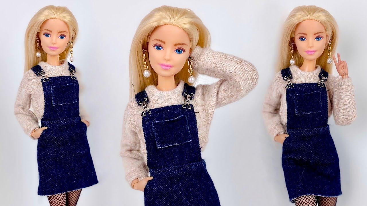 DIY Barbie Doll Outfit! Overall Dress & Cropped Sweater! How To Make Trendy  Realistic Barbie Clothes 