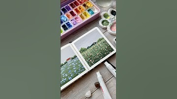Vẽ tranh phong cảnh cánh đồng hoa đơn giản bằng màu gouache 🌸 #gouachetutorial
