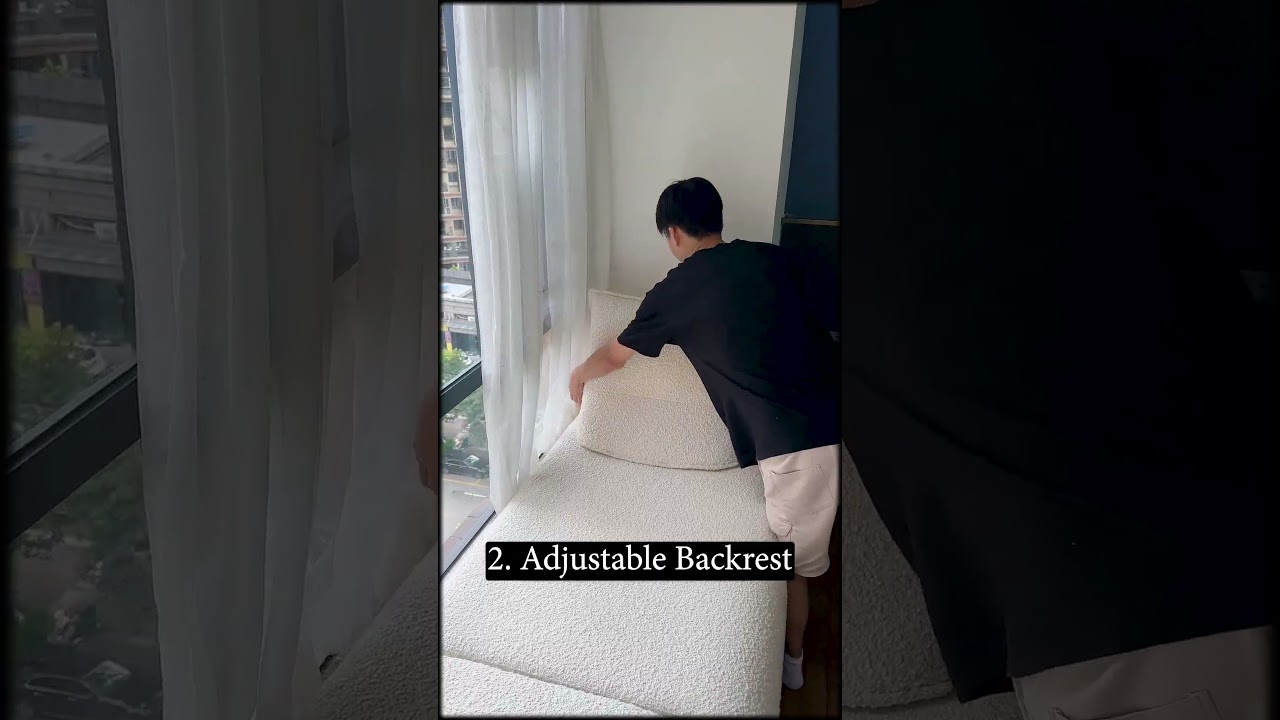 Fully Customizable Bay Window Sofa  Soft Teddy Fabric, Adjustable Backrest & Convertible Bed  