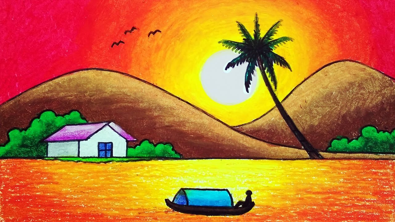 How to Draw Beautiful Sunset in the Island Scenery | Oil Pastels ...