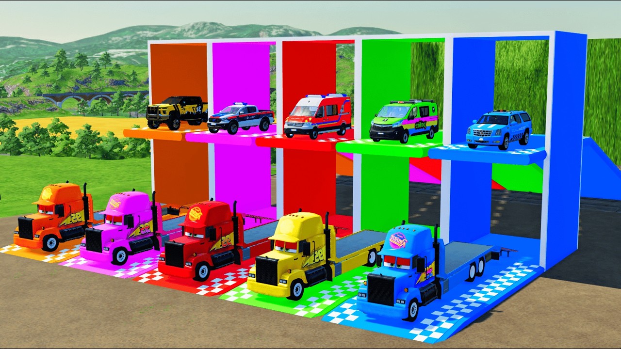 TRANSPORTING POLICE CARS, AMBULANCE, FIRE TRUCK, COLORFUL CARS WITH TRUCK -FARMING SIMULATOR 22!