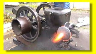 滅多に見られないむかしの大型発動機（エンジン）のアフターファイヤー現象！！！その瞬間を連続再生！！！