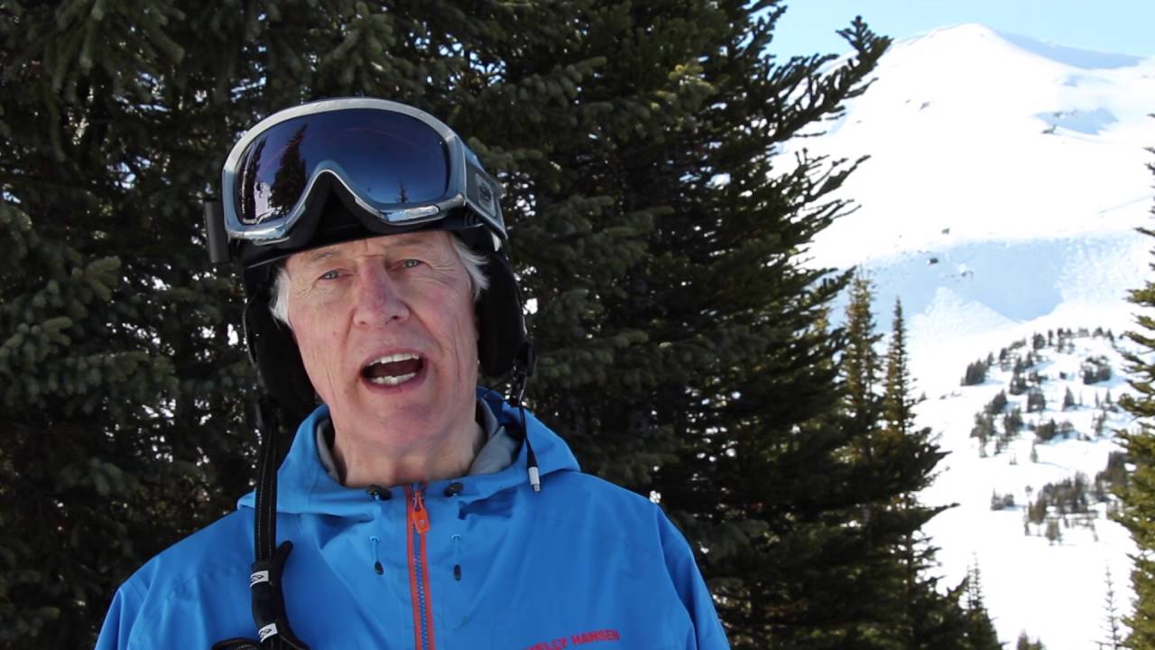 68 year old John Kuby snowboarding at Marmot Basin, Jasper, AB.