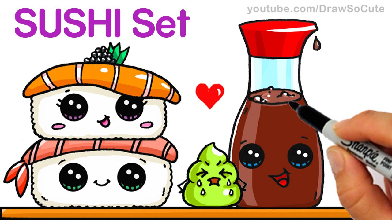 How to Draw Kawaii Sushi Easy - Sushi, Wasabi and Soy Sauce step ...