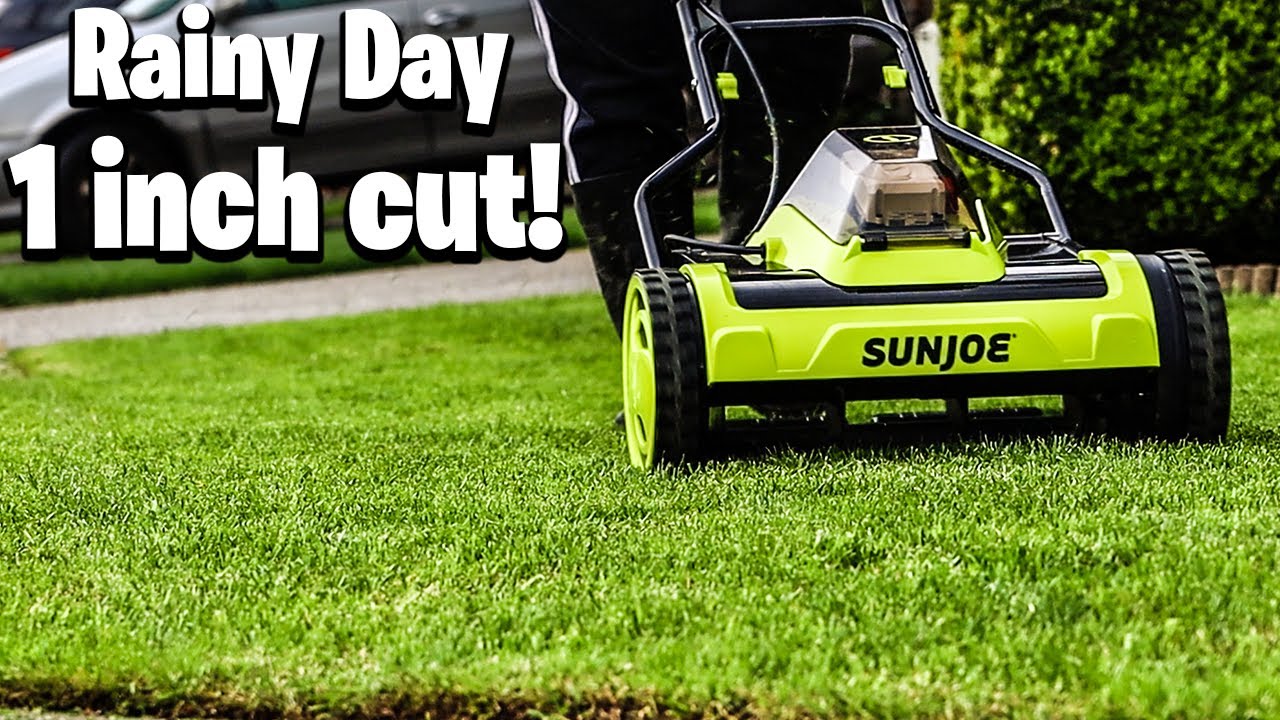 1 inch cut with the Sunjoe cordless electric reel mower on this rainy day!  