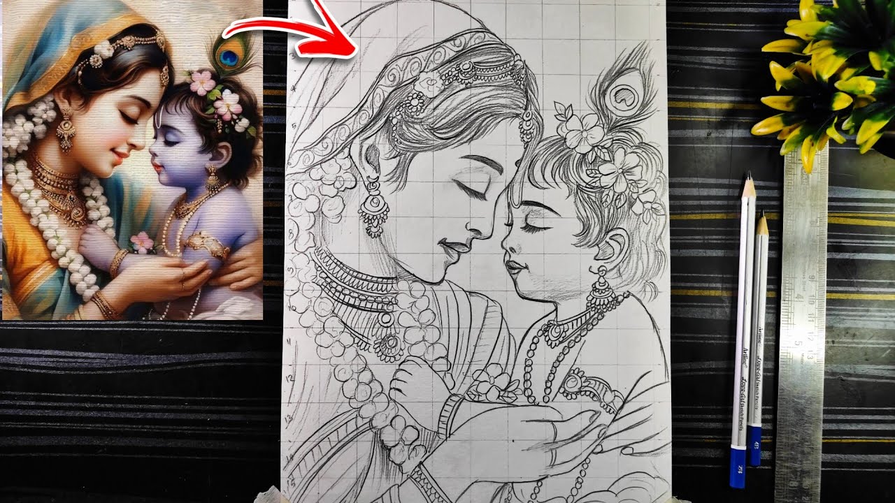 Little Krishna & Yoshoda Maiya Drawing Outline,Janmastami Drawing Pencil,Baby Krishna Drawing Chitra