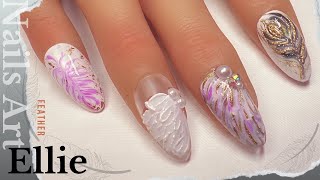 Feather Nails Art| 羽毛美甲| पंख नाखून कला| フェザーネイルアート| 깃털 네일 아트| Перьевой Дизайн Ногтей | How To