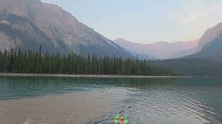 Maligne lake camped on a beach