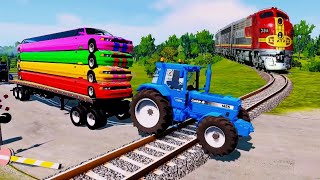 TRACTOR VS TRAIN CRASH TEST 085 - DOUBLE FLATBED TRAILER TRUCK VS SPEEDBUMPS TRANSPORTING CAR: CHOTU