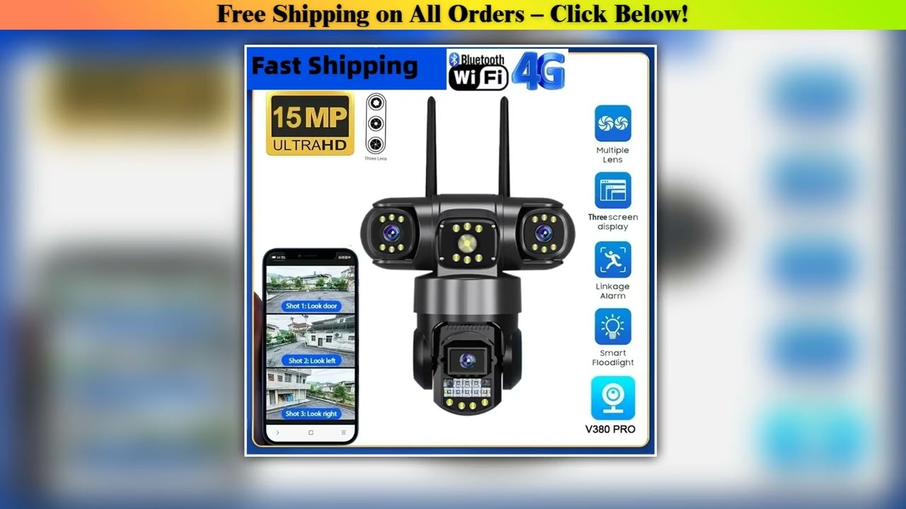 4G SIM Three Lens WiFi IP Camera HD 15MP Outdoor Waterproof Two Way Intercom Full Color Night Visio