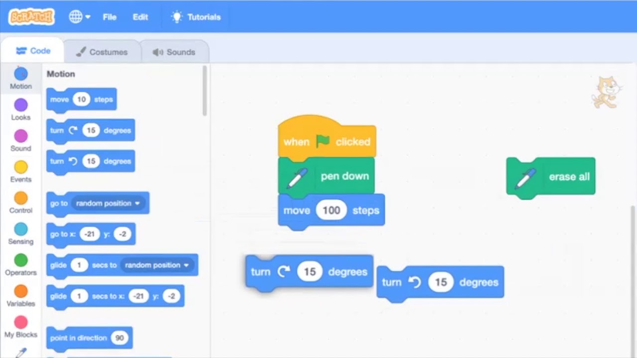 Scratch program (right) to draw a square with sides of length 100. The