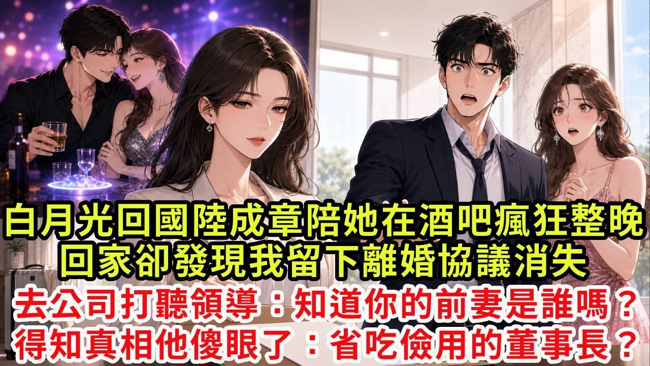 白月光回國,陸成章陪她在酒吧瘋狂整晚,回家卻發現我留下離婚協議消失,去公司打聽,領導得知後驚訝:你,你知道你的前妻是誰嗎?得知真相他傻眼了:省吃儉用的董事長?#復仇#情感#爽文#大女主