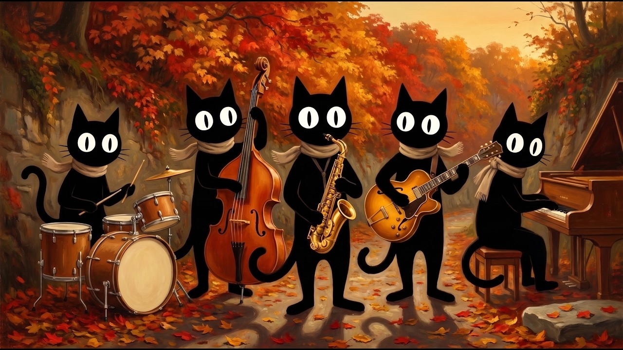 No Stage Needed. Black Cats Golden Autumn Vintage Noir Jazz by an Old Stone Wall