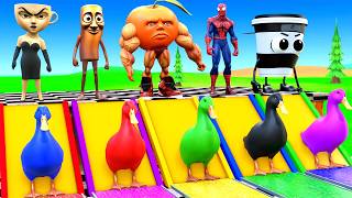 Playing as Spiderman in Long Slide Game with Cow Elephant Gorilla Hippo Tiger. Funny 3d Animal Game