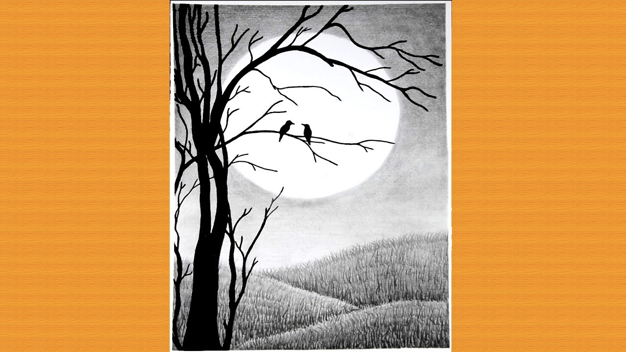 How to Pencil Sketch Scenery of Moonlit Night Step by Step Drawing