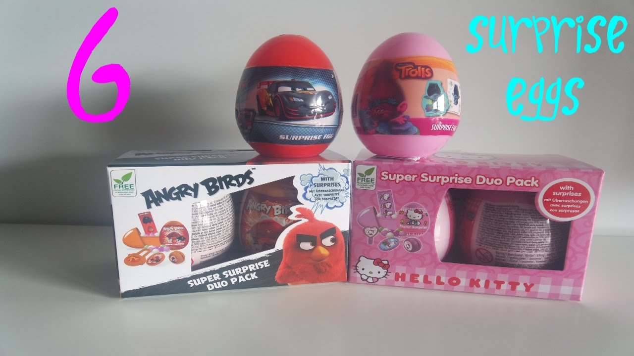6 SURPRISE EGGS ANGRY BIRDS HELLO KITTY TROLLS DISNEY CARS - MADE BY UNBOX KIDS TOYS