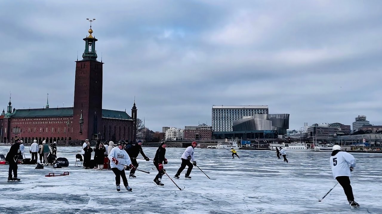 Stockholm on ice: Riddarfjärden is frozen and people walk, skate and play. 