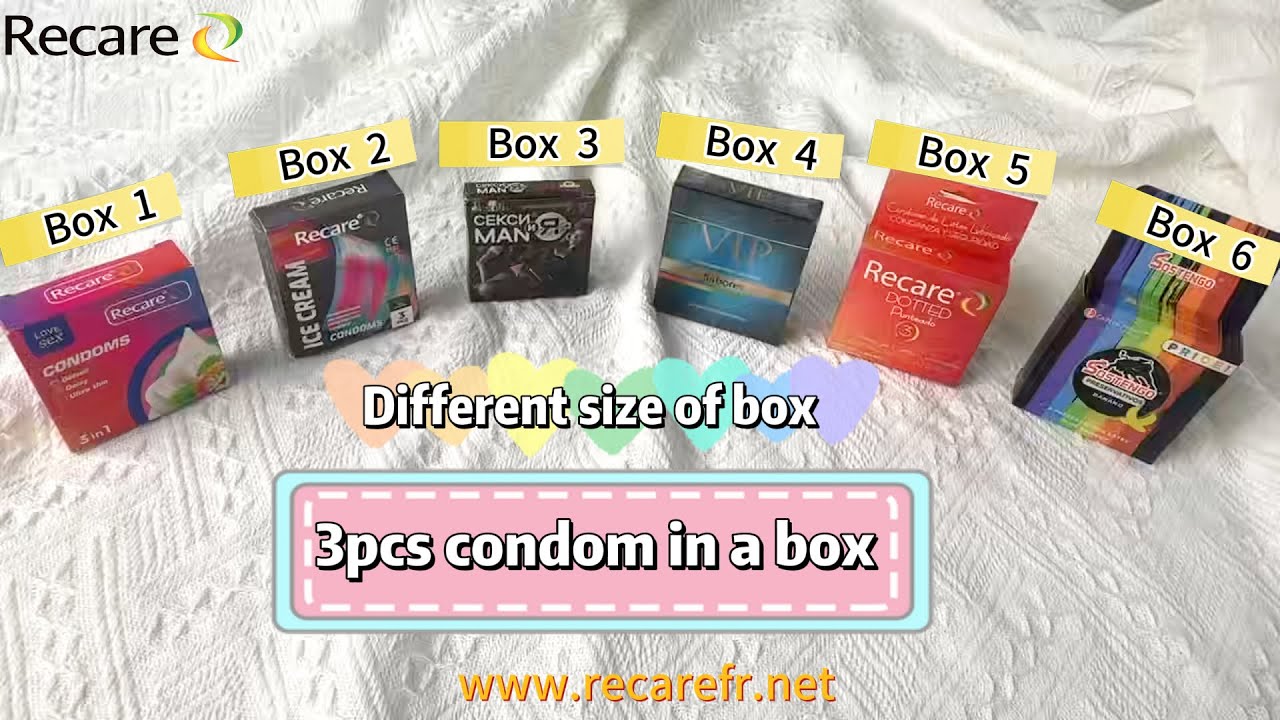6 different sizes box of condoms:3 pcs in one box with Hang Tab and without Hang Tab