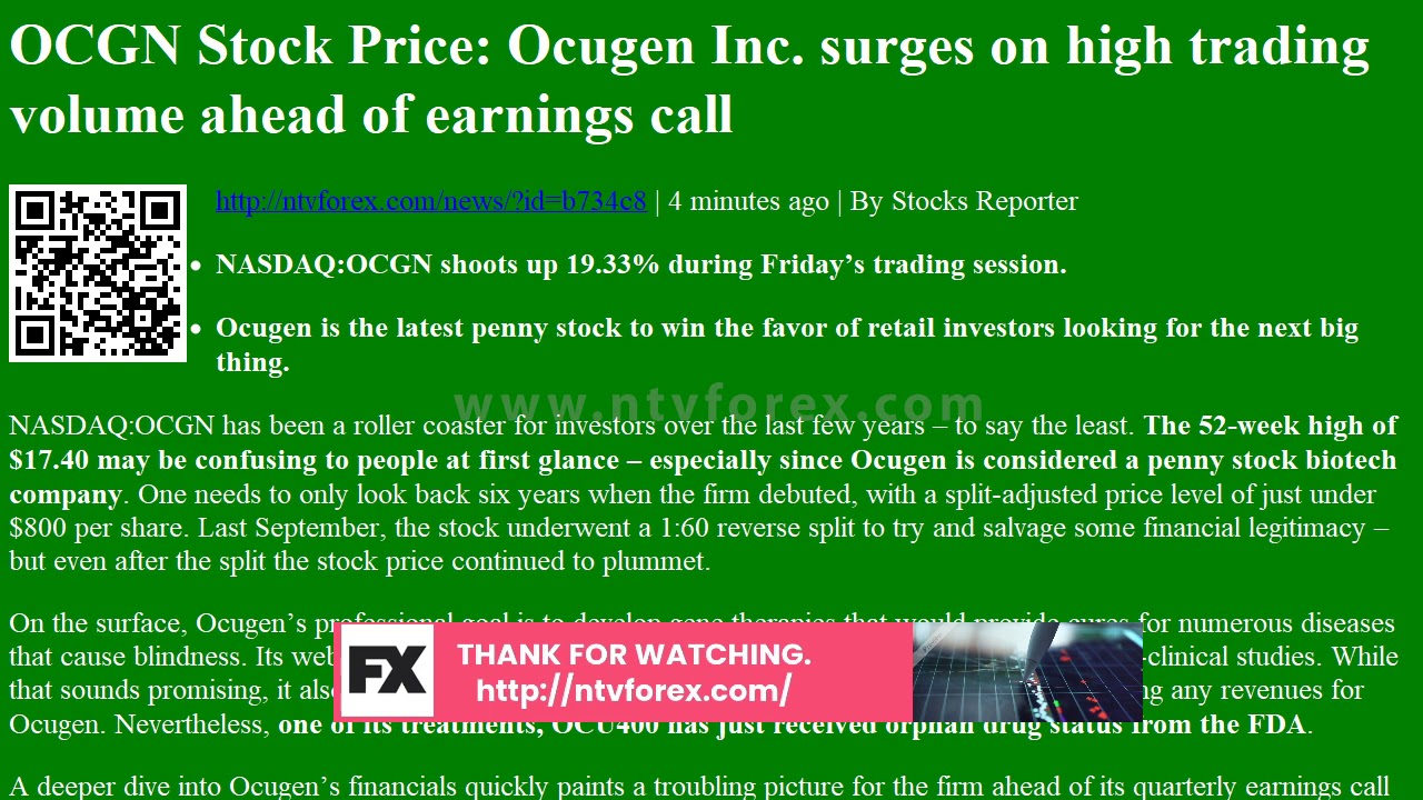 OCGN Stock Price: Ocugen Inc. surges on high trading volume ahead of earnings call