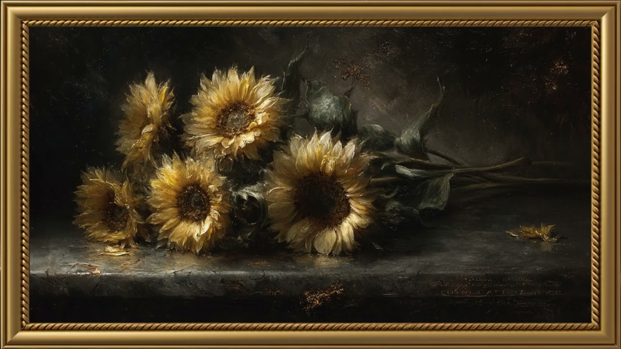 Bohemian Sunflowers in Shadowed Harmony Painting | Gold Frame TV Art Screensaver for TV | Wallpaper