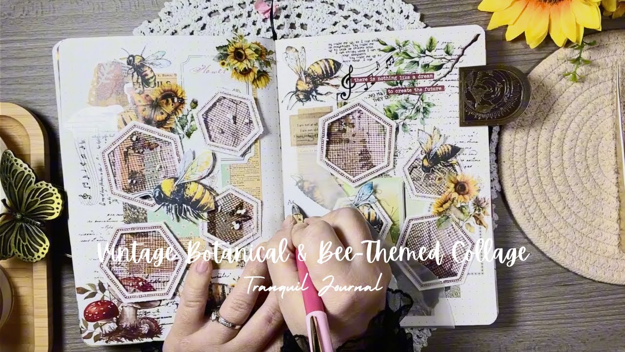 ASMR Journal with me | Vintage Botanical & Bee-Themed Collage • Paper Sounds • No Talking