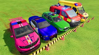 COLORFUL CARS, POLICE CAR, CAR TRANSPORT, EMERGENCY 112, FIRE TRUCK, FS22