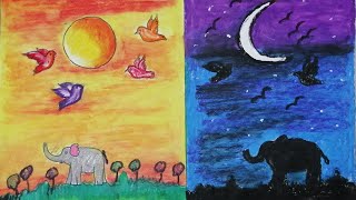 Day & Night scenery drawing for kid with oil pastel -step by step || Day & Night -Time lapse drawing