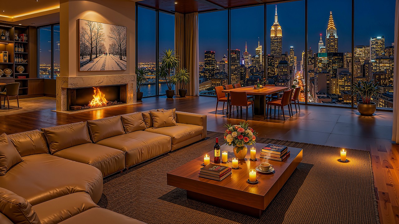 Cozy Fireplace Jazz in New York | Elegant Urban Night Ambience with Smooth Jazz Music for Work