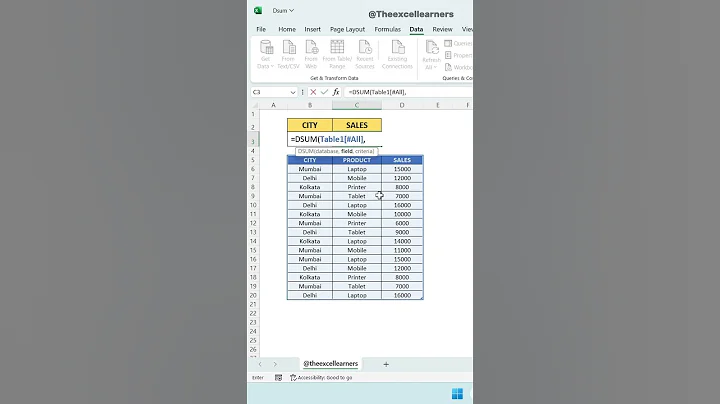 Excel DSUM function | City-wise Sales in Seconds! #shorts #excel