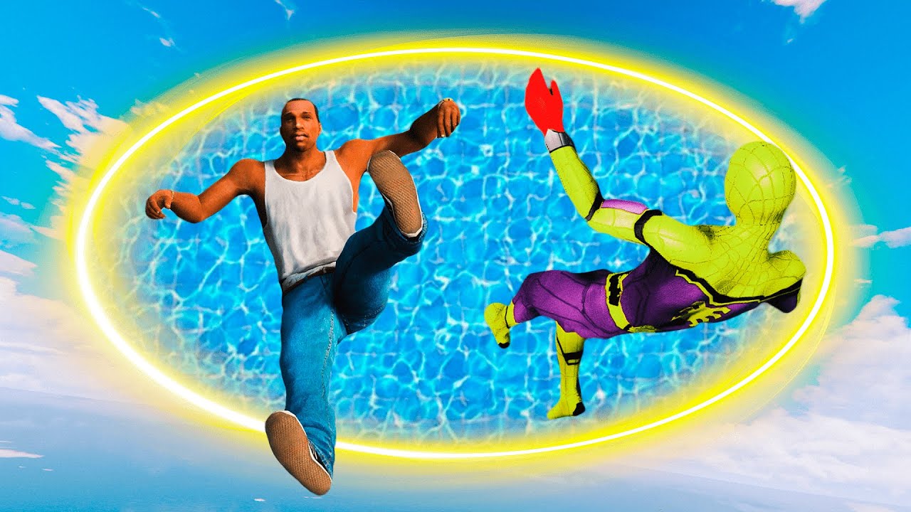 GTA 5 RAINBOW SPIDERMAN POOL PARKOUR WITH CARL JOHNSON (SPIDER-MAN JUMPS & FAILS EUPHORIA PHYSICS)