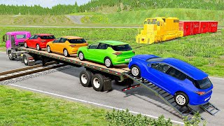 Flatbed Trailer Monster Truck vs Train - Cars vs Speed Bumps - BeamNG.Drive #325