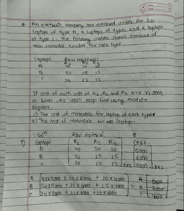 Matrix To find cost of raw materials when raw materials and prices