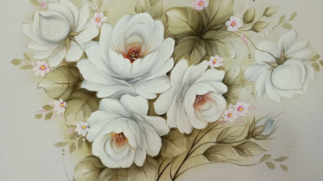 Como Pintar Arranjo de Rosas Brancas para Panos de Prato- Café com arte 