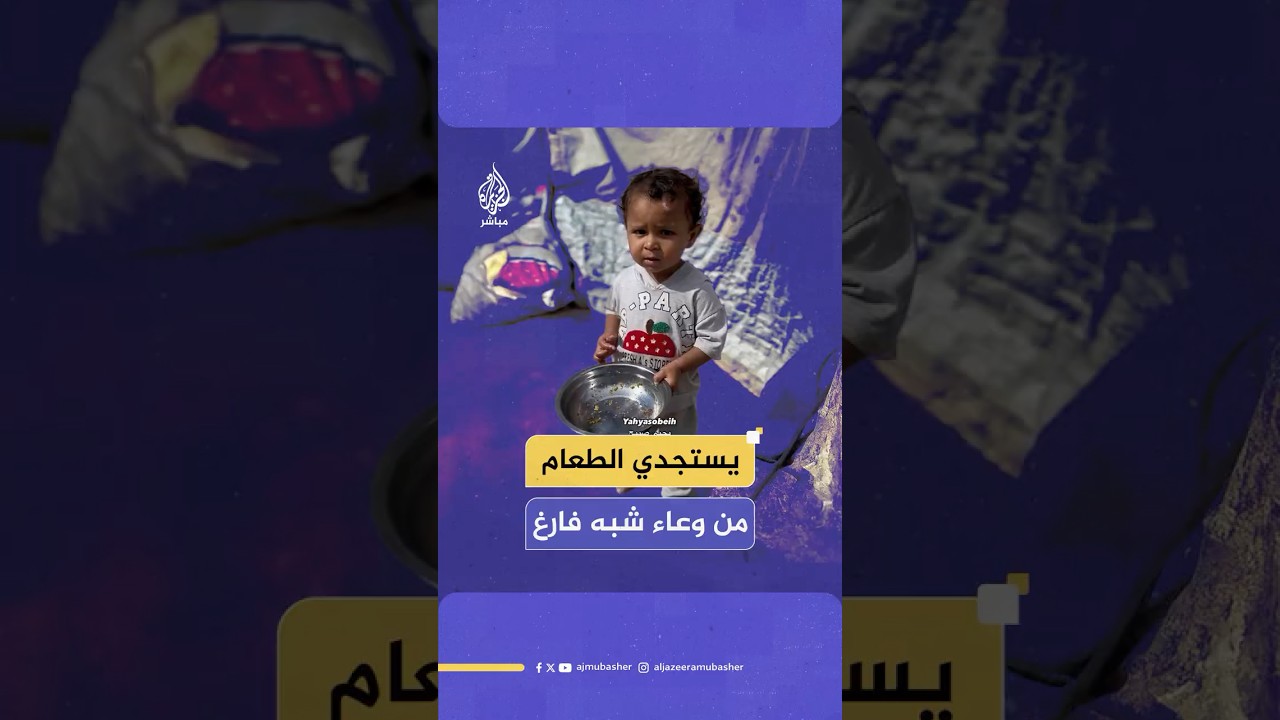 لقطة مؤثرة لطفل فلسـ ـطيني يأكل بقايا الطعام من وعاء شبه فارغ أمام إحدى خيام النزوح في قطاع غـ ـزة