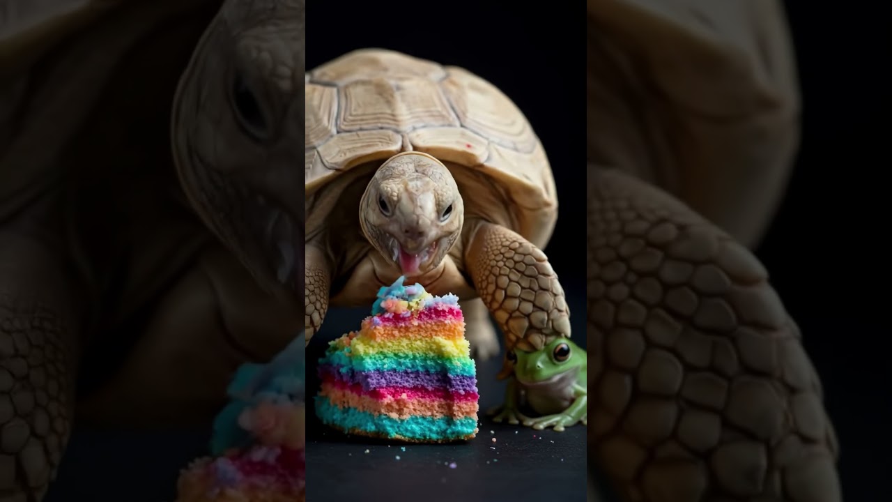 ASMR Mukbang Tortoise Tries Rainbow Cake! 🐢🌈🎂