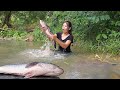 Found catch Biggest fish in river for food - Big fish grilled with Hot chili sauce for survival food