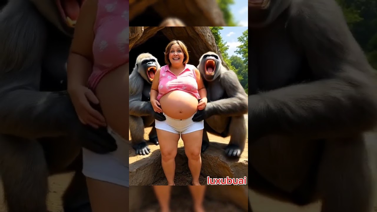 Two gorillas are holding a pregnant old woman captive 