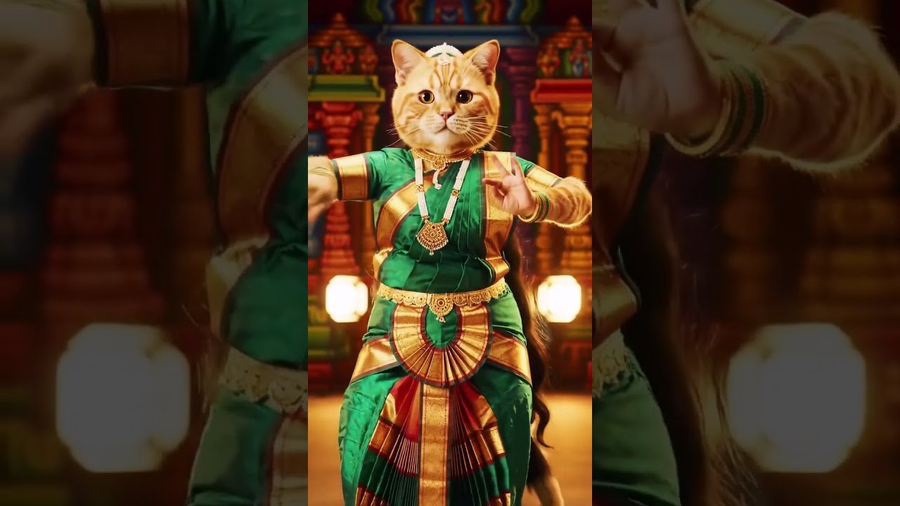 "Elegant AI Cat in Traditional Sari Performing Bharatanatyam Dance" 