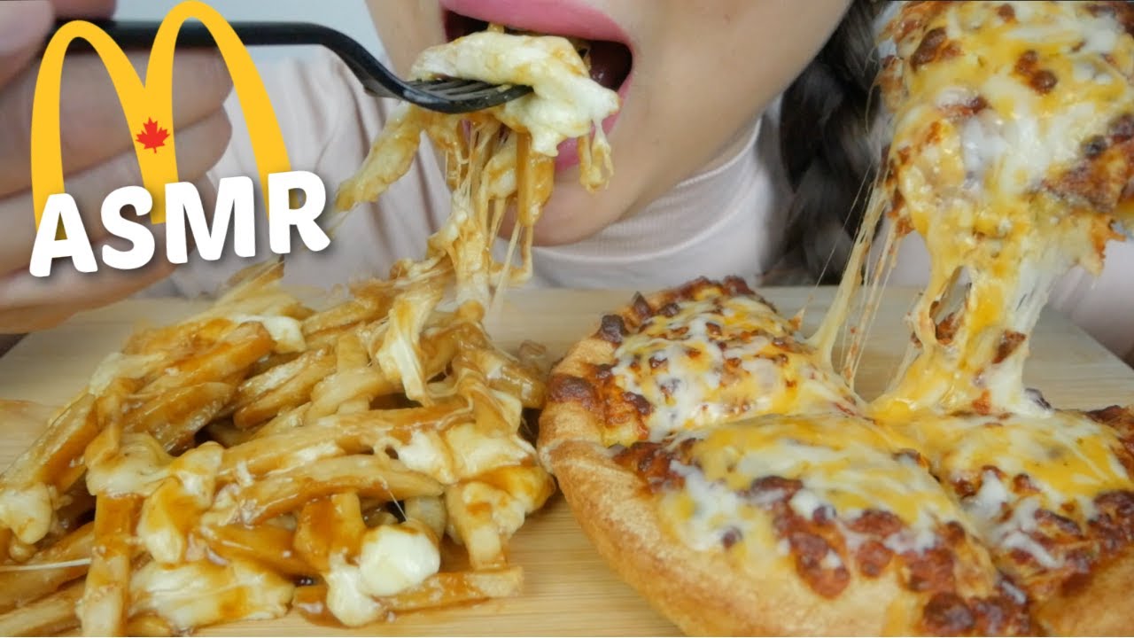 McDonald's Cheesy Poutine with Pizza Hut Cheesy Pizza *No Talking Relaxing Eating Sounds | N.E