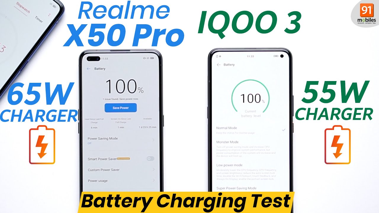 iQOO 3 vs Realme X50 Pro: Battery charging test!! 65W vs 55W Charger 🔥🔥🔥