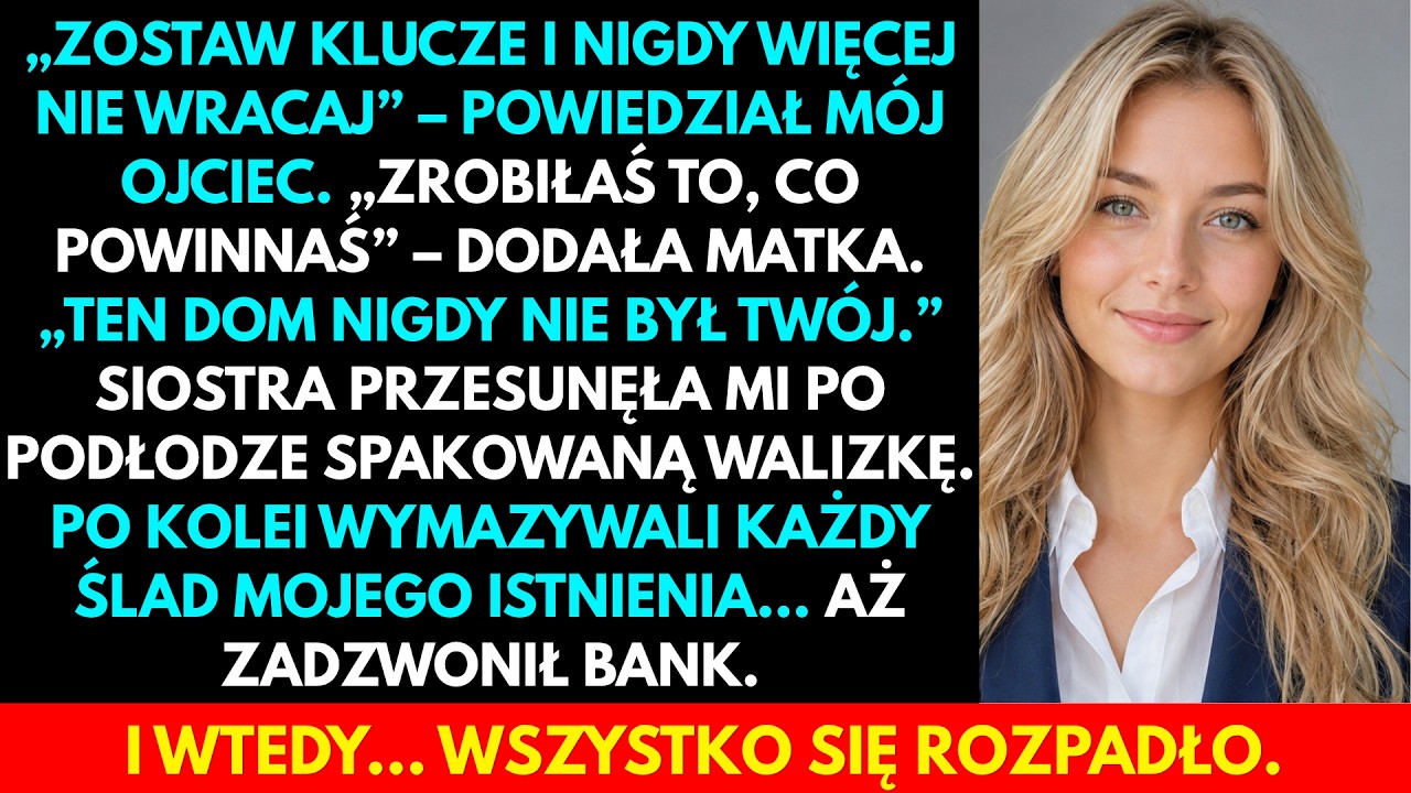 Deszcz walił w szyby, a ja patrzyłam, jak mój ojciec odkłada widelec i mówi, że mam zostawić klucze na blacie. Pięć lat spłacałam ich kredyt, oddałam im całe oszczędności, zrezygnowałam z własnego...
